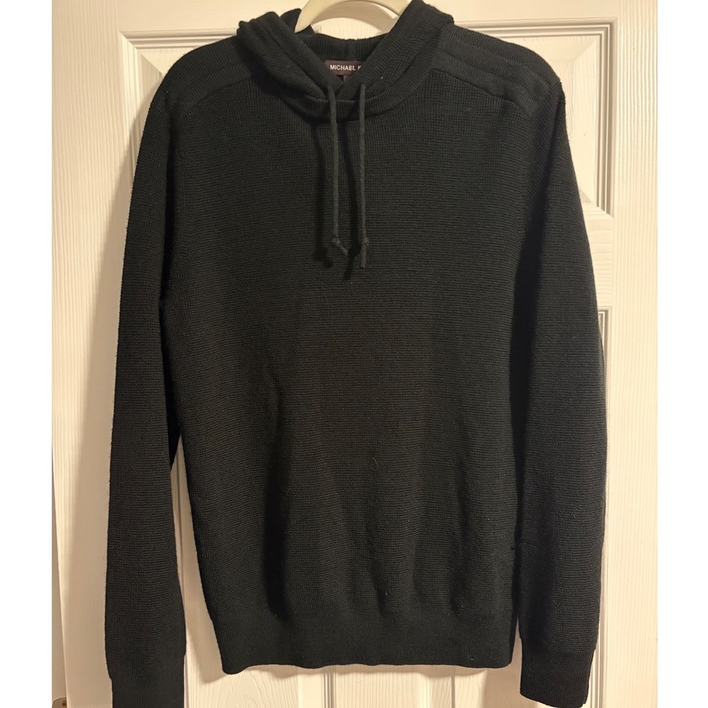 Michael Kors Mens Black Wool Blend Knit Hoodie Sweater Drawstring Ribbed Trim